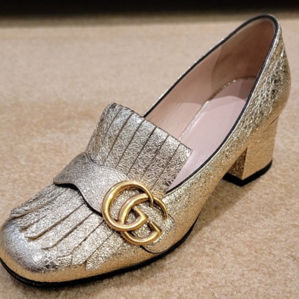 GUCCI MARMONT GOLD GLITTER PUMPS SHOES EURO. 36.5